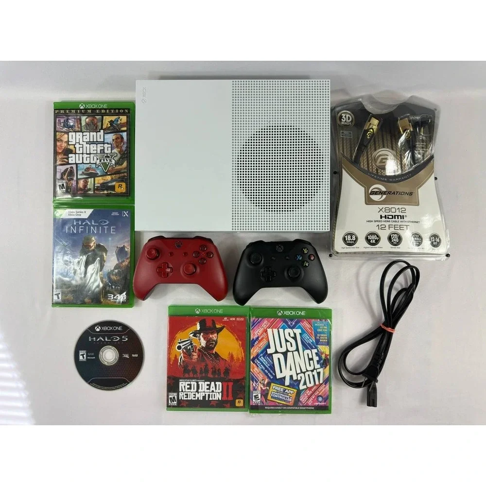 Microsoft Xbox One S 1TB White Console 2 Controllers GTA V RDR2 Halo Tested
